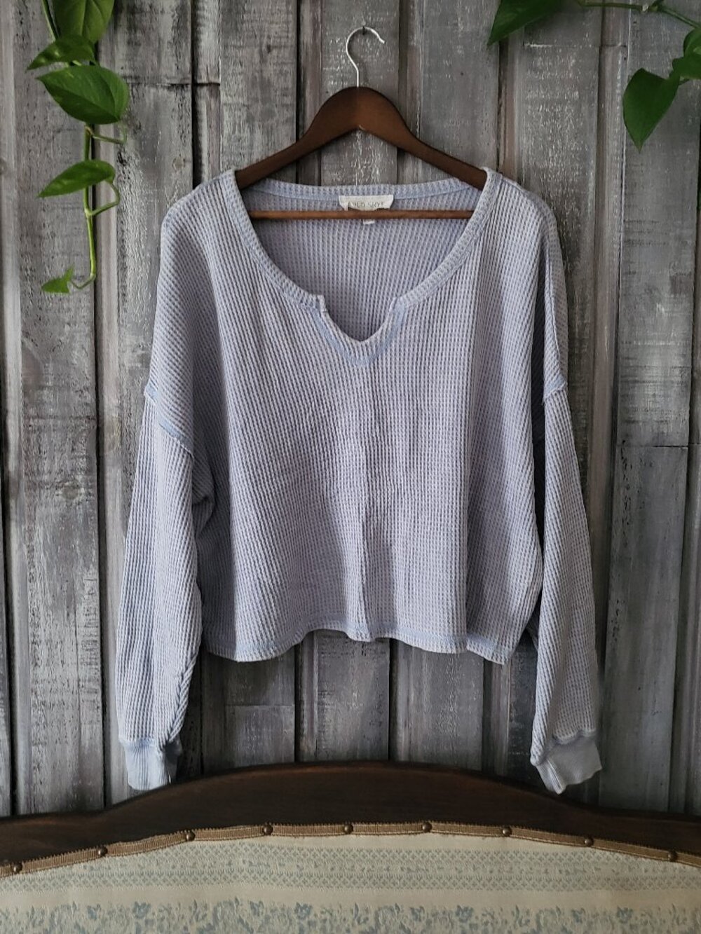 Waffle Knit Boxy Cropped Thermal Pullover Sweater Large NWOT Pastel Blue